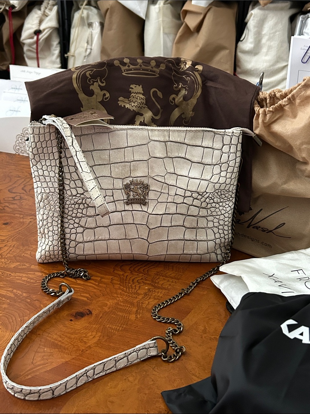 Pratesi Firenze White (Bone) Leather Croc-Embossed Chain Crossbody Bag - Italy